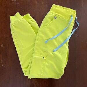 Figs Women's Pants in Neon Yellow with Blue Accents
